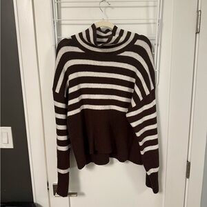 Brown and White Striped Turtleneck Sweater